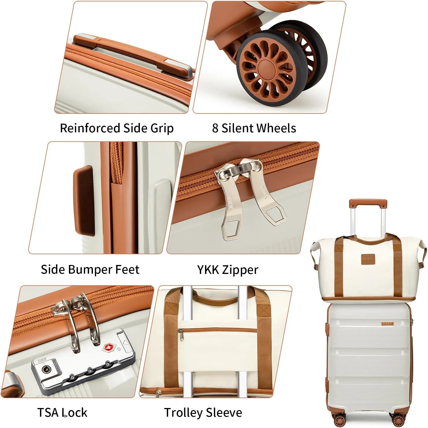 Kono Luggage Sets 3 Piece Hard Shell Travel Trolley 4 Spinner Wheels Lightweight Polypropylene Suitcase with TSA Lock, Cream White 3 piece set (DB/TB/20 inch)