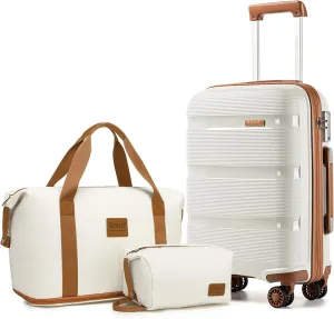 Kono Luggage Sets 3 Piece Hard Shell Travel Trolley 4 Spinner Wheels Lightweight Polypropylene Suitcase with TSA Lock, Cream White 3 piece set (DB/TB/20 inch)