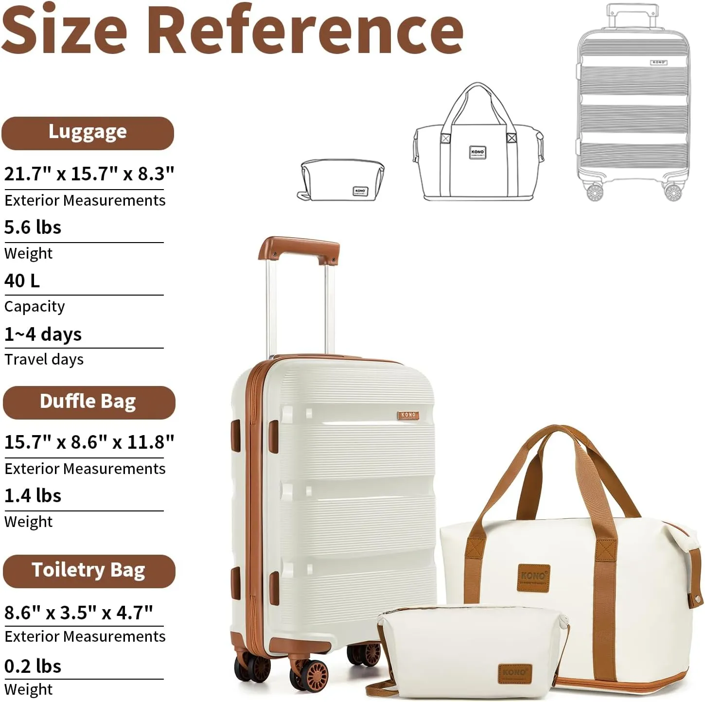 Kono Luggage Sets 3 Piece Hard Shell Travel Trolley 4 Spinner Wheels Lightweight Polypropylene Suitcase with TSA Lock, Cream White 3 piece set (DB/TB/20 inch)