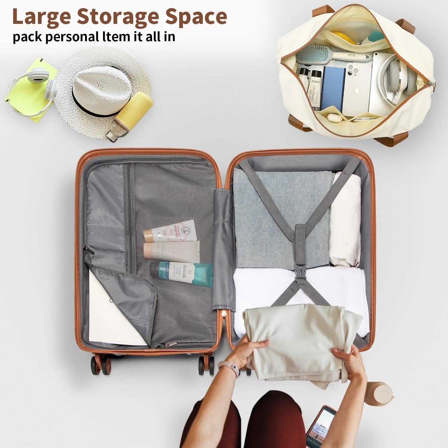 Kono Luggage Sets 3 Piece Hard Shell Travel Trolley 4 Spinner Wheels Lightweight Polypropylene Suitcase with TSA Lock, Cream White 3 piece set (DB/TB/20 inch)