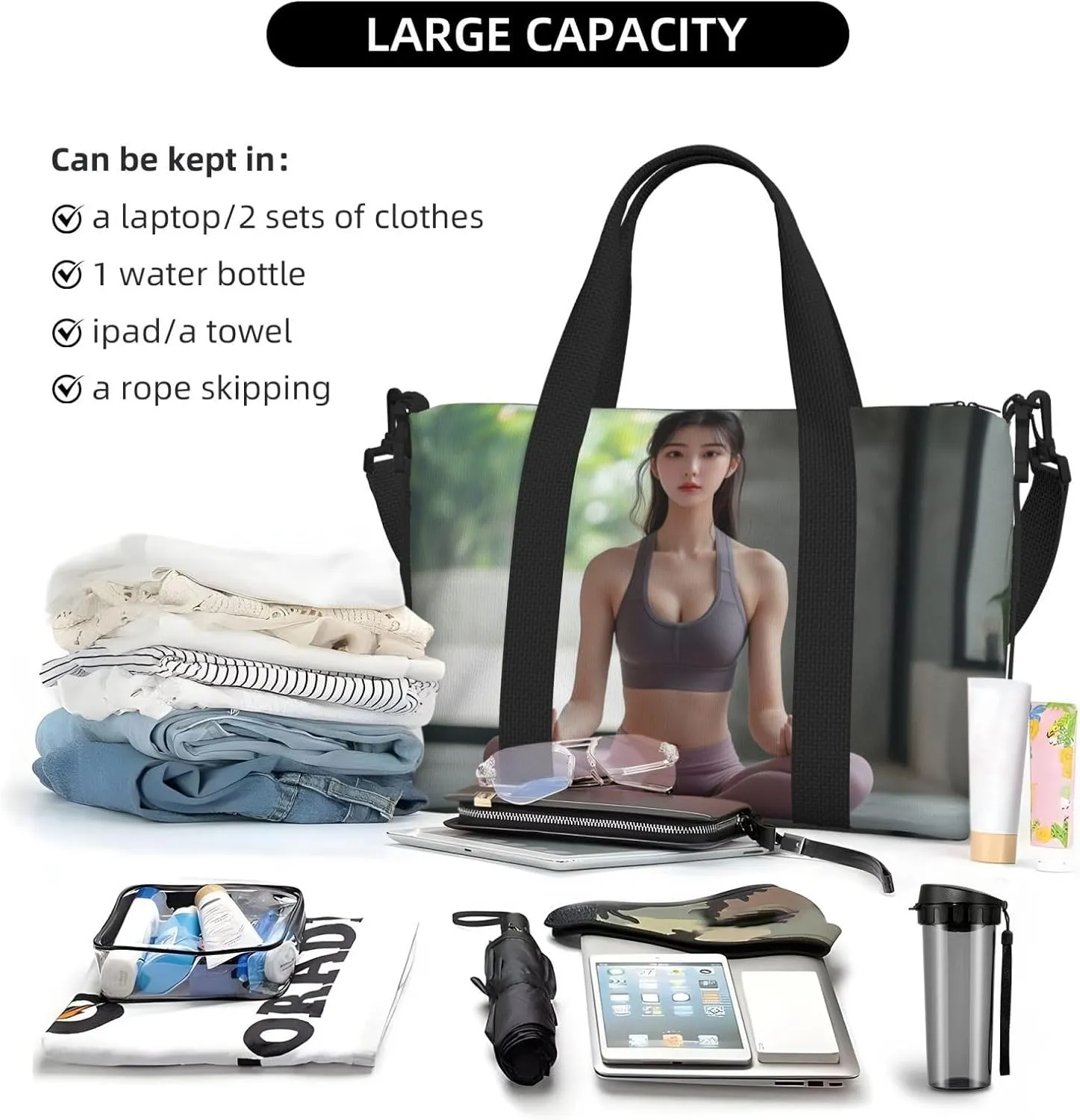 Korean yoga print Travel Duffel Bag, Sports Tote Gym Bag, Swim Pool Bag Large Shoulder Tote Bag for Beach Weekender