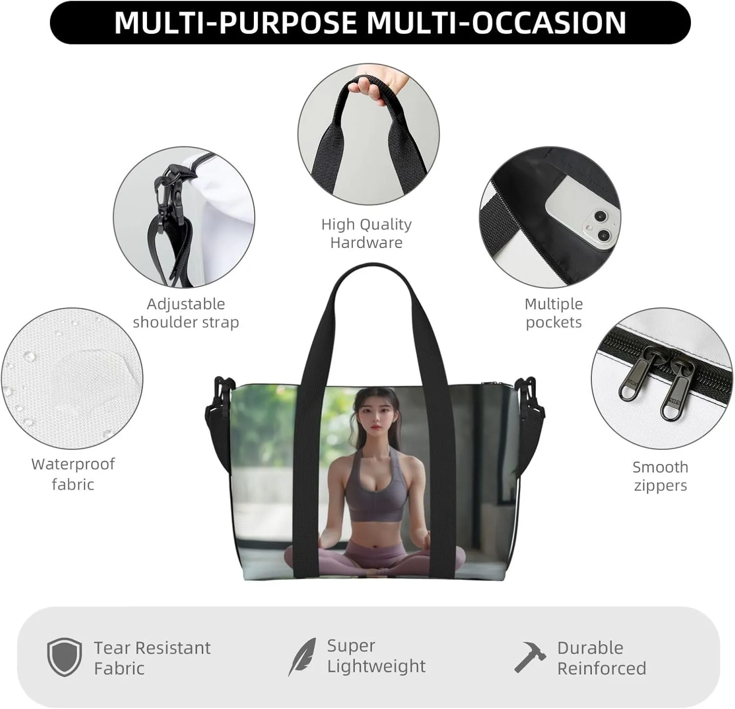 Korean yoga print Travel Duffel Bag, Sports Tote Gym Bag, Swim Pool Bag Large Shoulder Tote Bag for Beach Weekender
