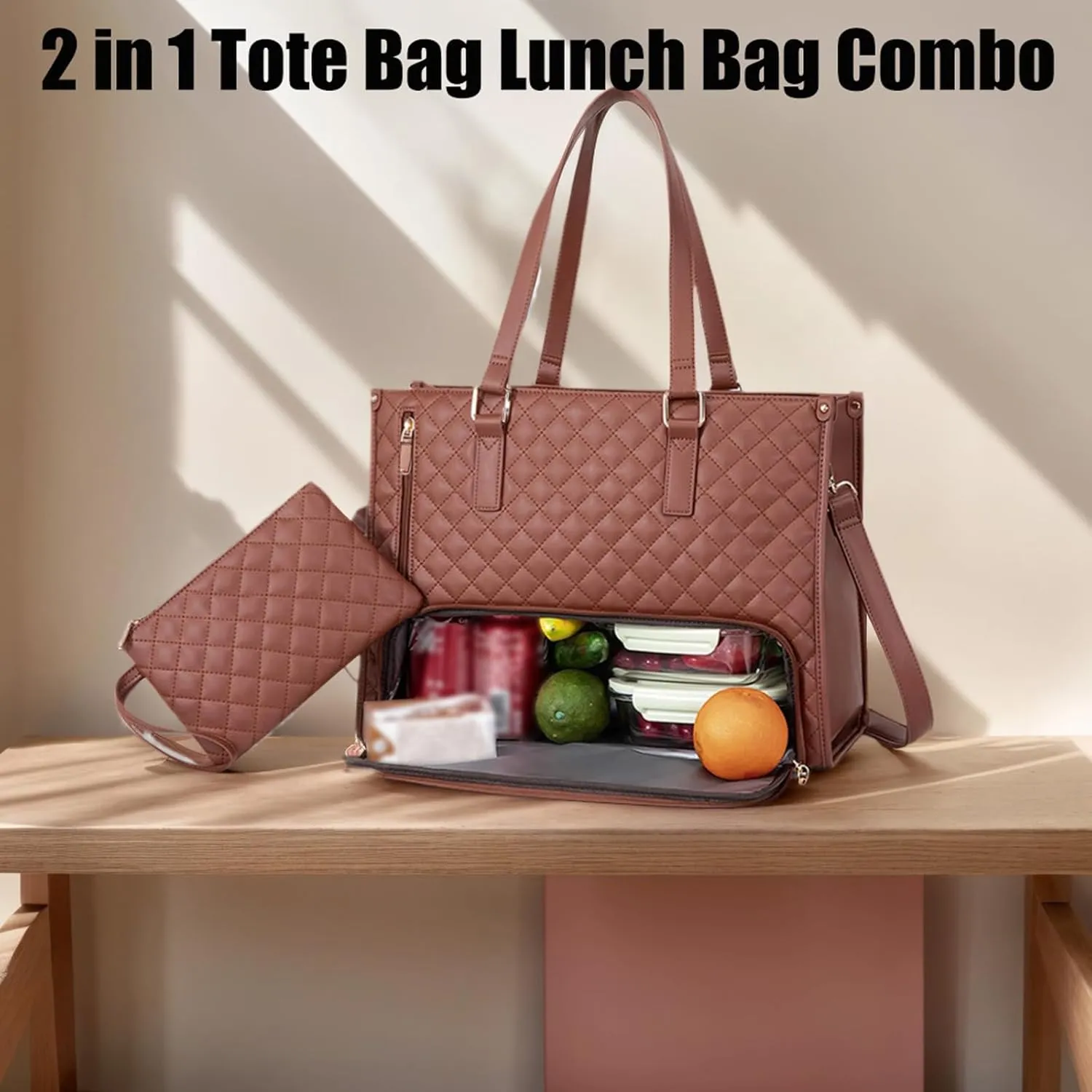 Kristie Leblanc Tote Bag, 2 in 1 Tote Lunch Bag Combo, 15.6 Inch Large Pu Laptop Bags with Insulated Lunch Compartment (Beige,One Size)