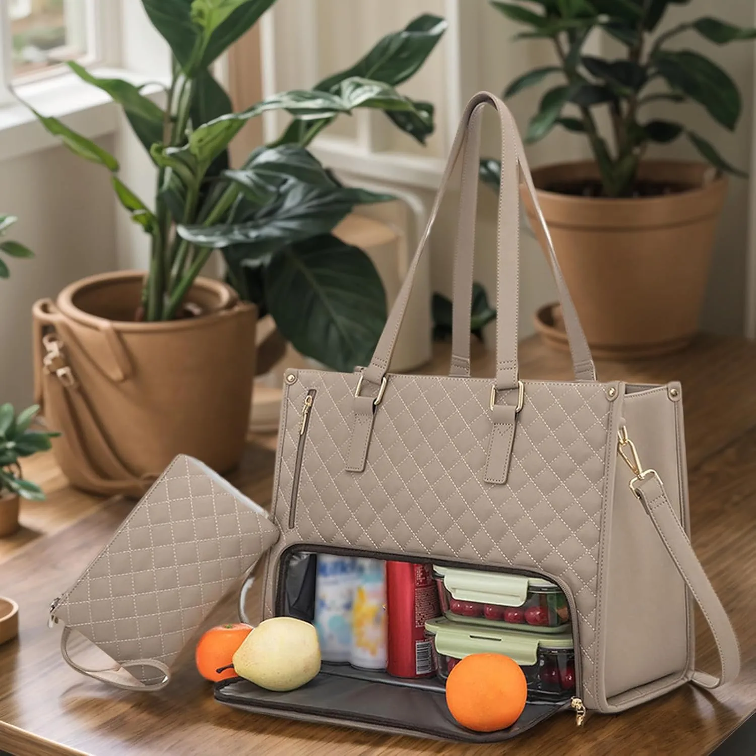 Kristie Leblanc Tote Bag, 2 in 1 Tote Lunch Bag Combo, 15.6 Inch Large Pu Laptop Bags with Insulated Lunch Compartment (Beige,One Size)