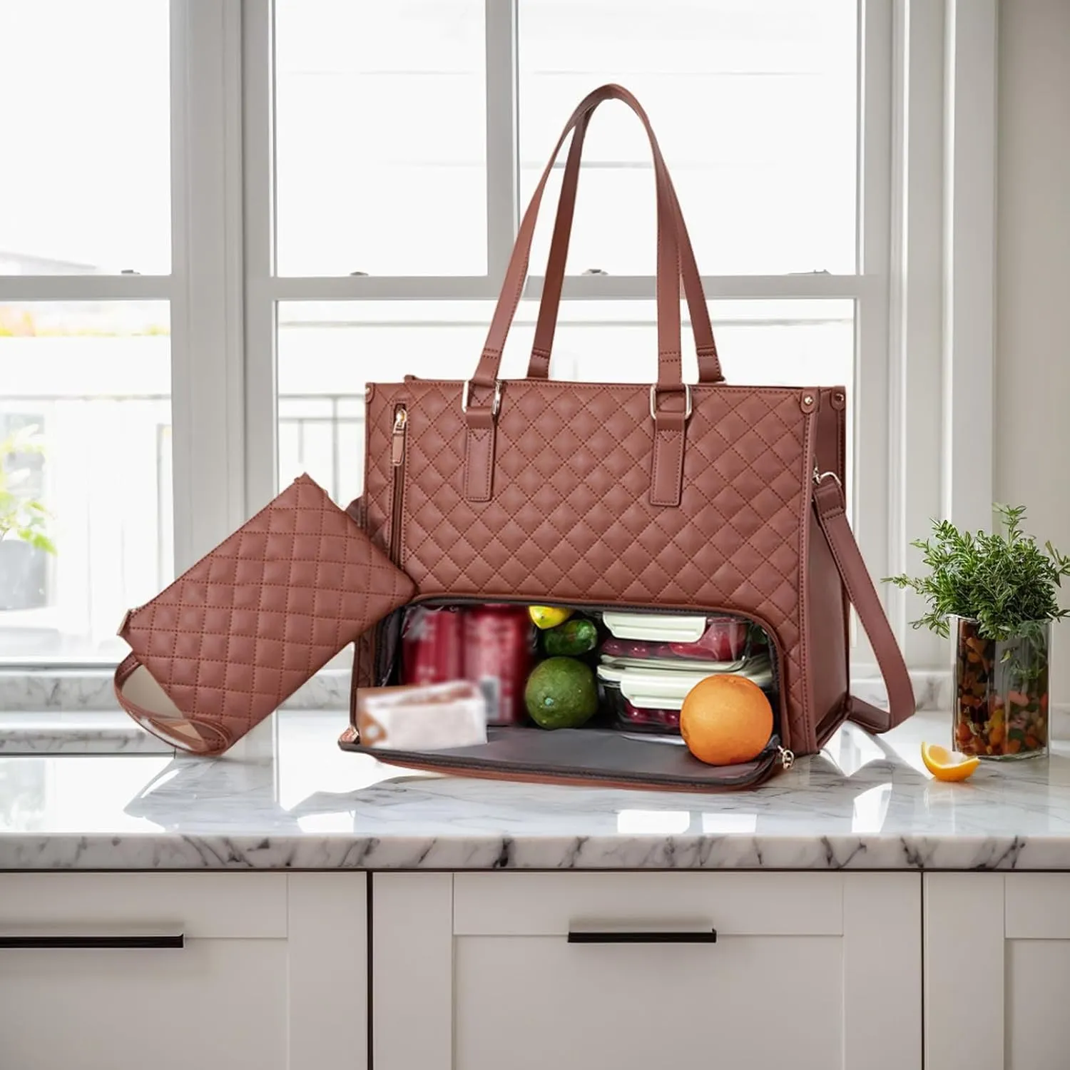 Kristie Leblanc Tote Bag, 2 in 1 Tote Lunch Bag Combo, 15.6 Inch Large Pu Laptop Bags with Insulated Lunch Compartment (Beige,One Size)