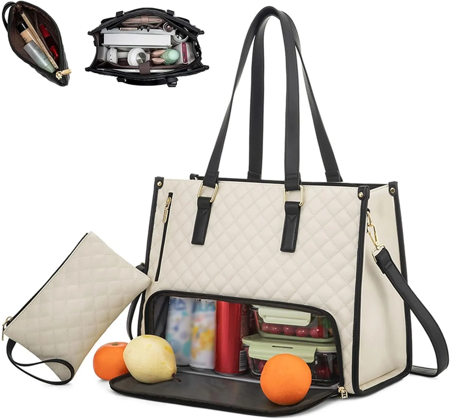 Kristie Leblanc Tote Bag, 2 in 1 Tote Lunch Bag Combo, 15.6 Inch Large Pu Laptop Bags with Insulated Lunch Compartment (Beige,One Size)