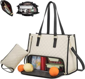 Kristie Leblanc Tote Bag, 2 in 1 Tote Lunch Bag Combo, 15.6 Inch Large Pu Laptop Bags with Insulated Lunch Compartment (Beige,One Size)