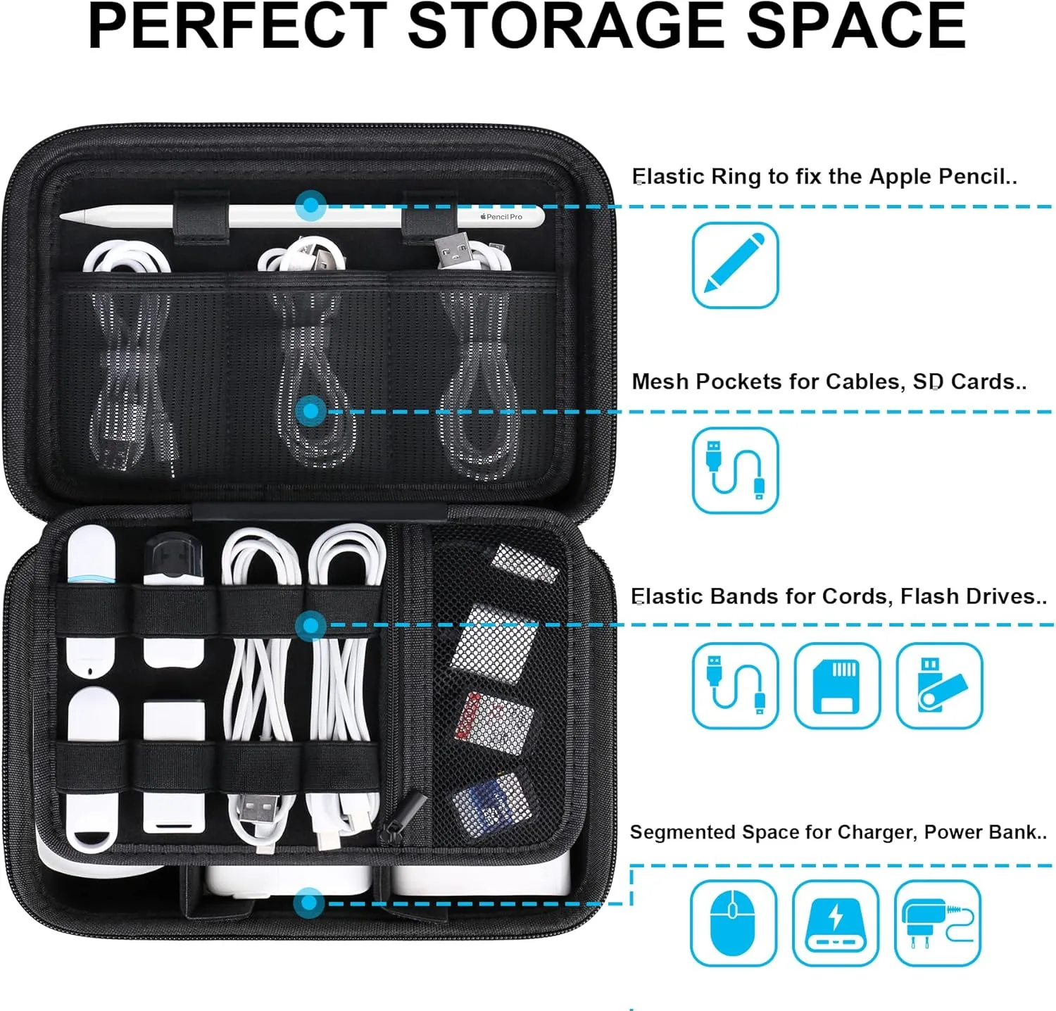 Lacdo Hard Travel Electronic Organizer Case for MacBook Power Adapter Charger, Cables, Apple Pencil, Mouse, Power Bank, USB Flash Disk,SD Card Small Protective Portable Accessories & 3 Cable Tie,Black