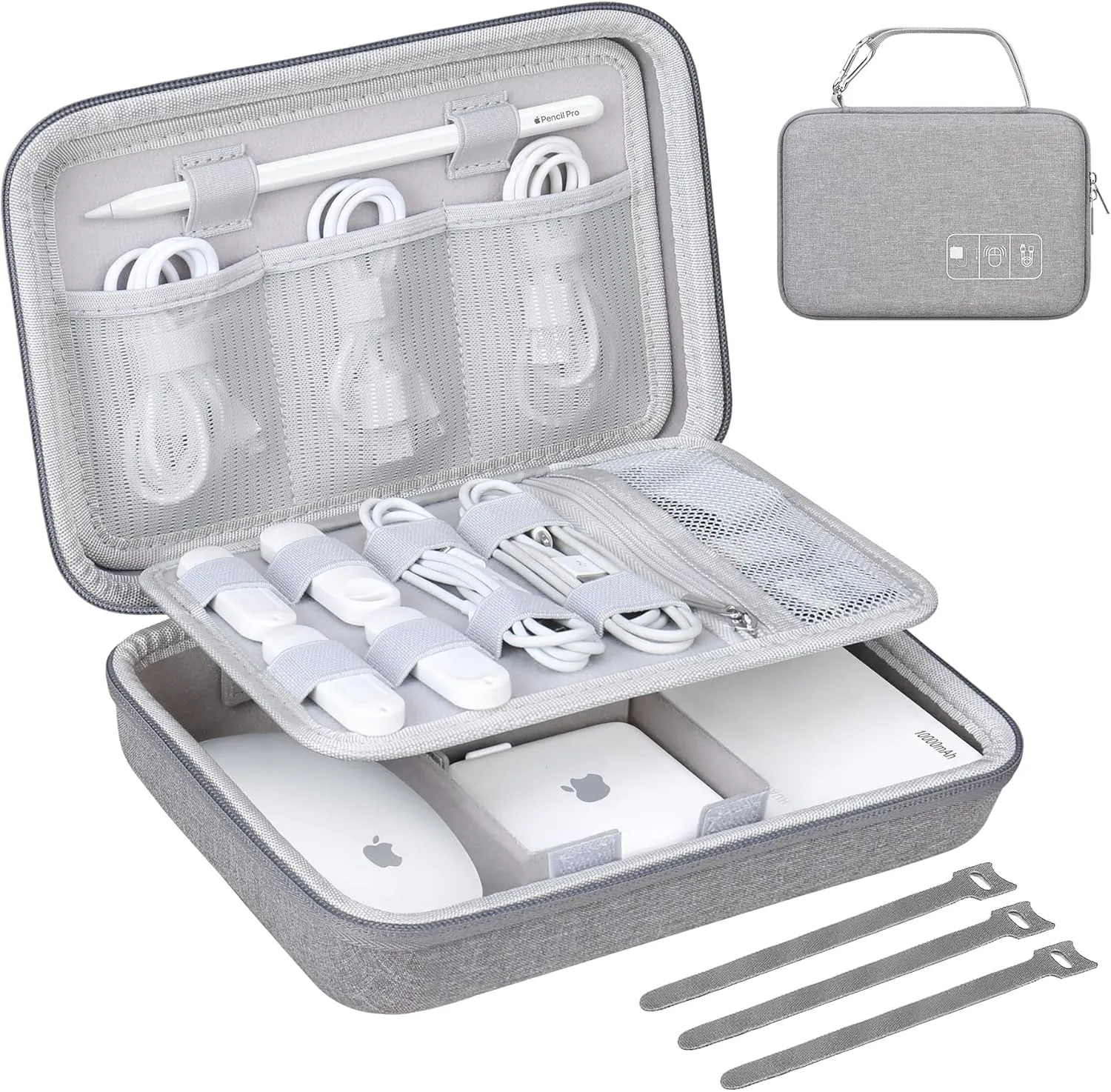 Lacdo Hard Travel Electronic Organizer Case for MacBook Power Adapter Charger, Cables, Cords, Apple Pencil, Mouse, Power Bank, USB Flash Disk, SD Cards EVA Protective Portable Accessories Bag, Gray