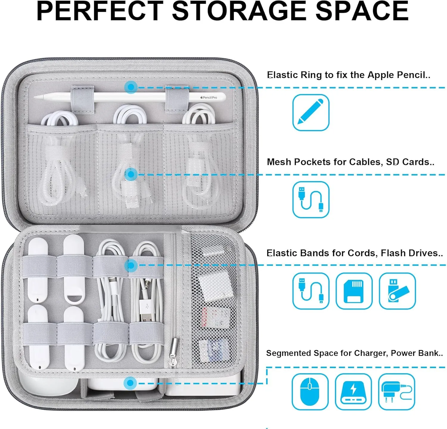 Lacdo Hard Travel Electronic Organizer Case for MacBook Power Adapter Charger, Cables, Cords, Apple Pencil, Mouse, Power Bank, USB Flash Disk, SD Cards EVA Protective Portable Accessories Bag, Gray