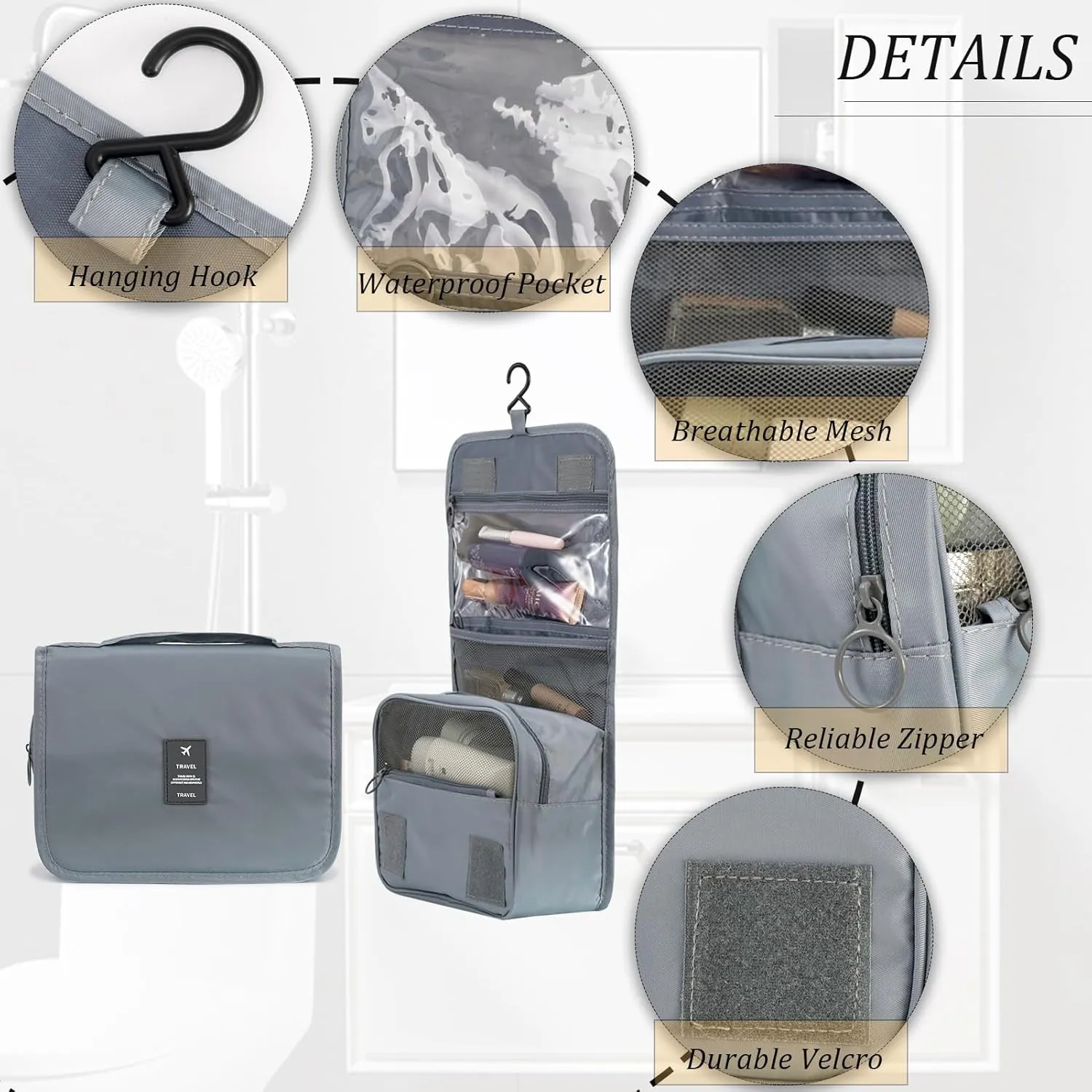 L&FY Hanging Travel Toiletry Bag Women's Cosmetic Organizer Makeup Pouch Men's Dopp Kits With Handle (Grey For Man)