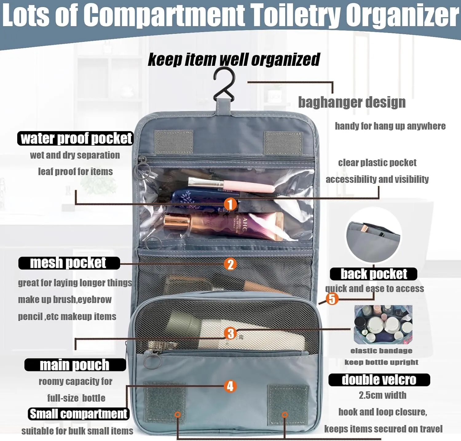 L&FY Hanging Travel Toiletry Bag Women's Cosmetic Organizer Makeup Pouch Men's Dopp Kits With Handle (Grey For Man)