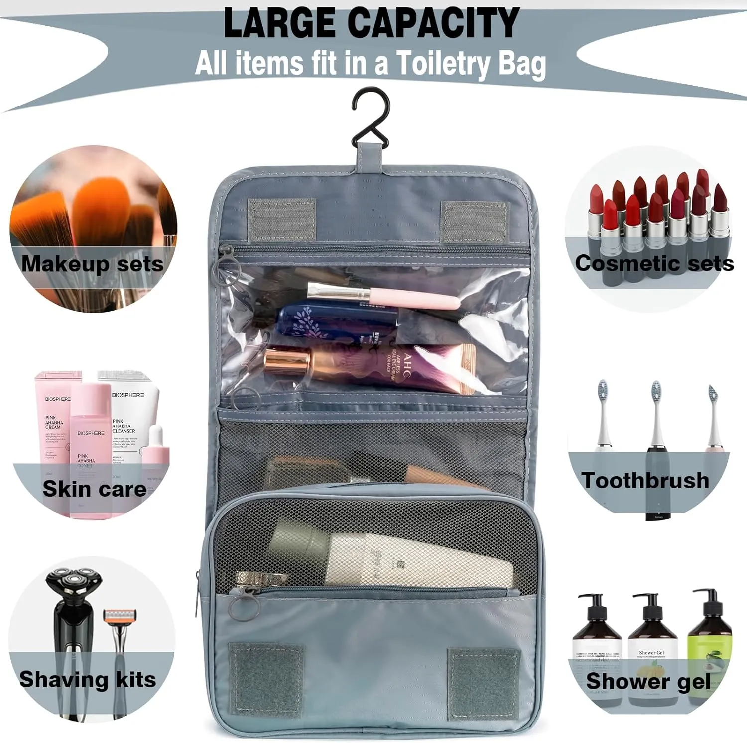 L&FY Hanging Travel Toiletry Bag Women's Cosmetic Organizer Makeup Pouch Men's Dopp Kits With Handle (Grey For Man)