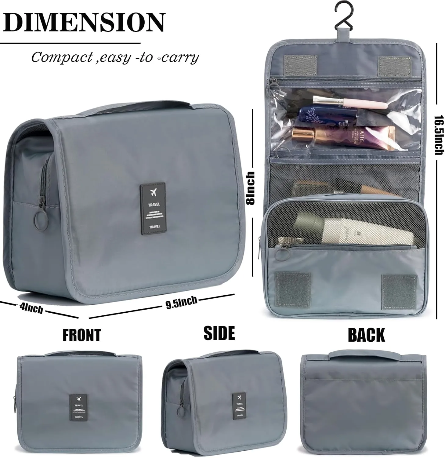 L&FY Hanging Travel Toiletry Bag Women's Cosmetic Organizer Makeup Pouch Men's Dopp Kits With Handle (Grey For Man)