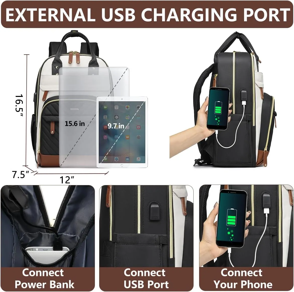 Laptop Backpack for Women Bag - 15.6 inch Work Travel Backpack with USB Charger College Bookbag Waterproof Business Computer Backpack Anti-theft Casual Backpacks for Nurse Teacher Beige Black Brown