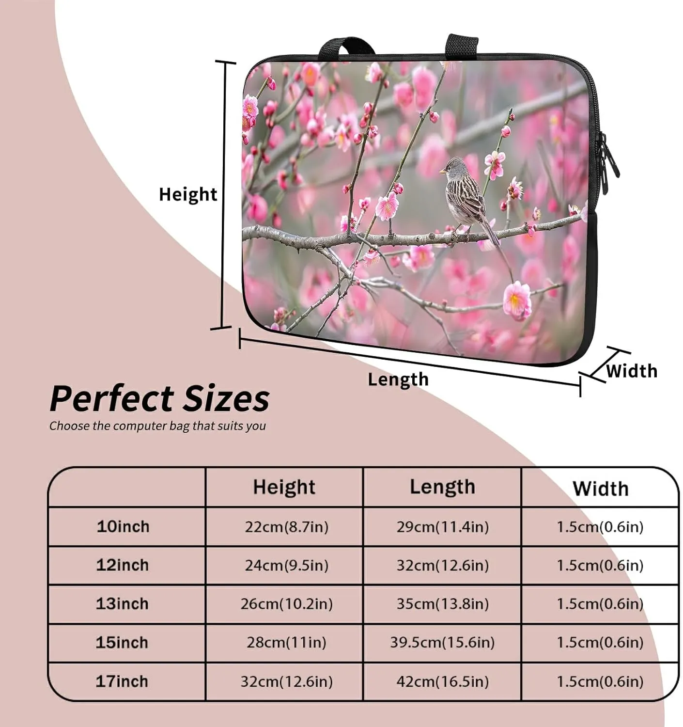 Laptop Sleeve Case Bag 15 inch, Peach Sparrow Slim Carrying Case Durable Handbag Travel Laptop Bag for 15 inch MacBook Air M3/M2/15 Pro/Surface Laptop 7/6/5/4/3/ Dell XPS 15 Plus