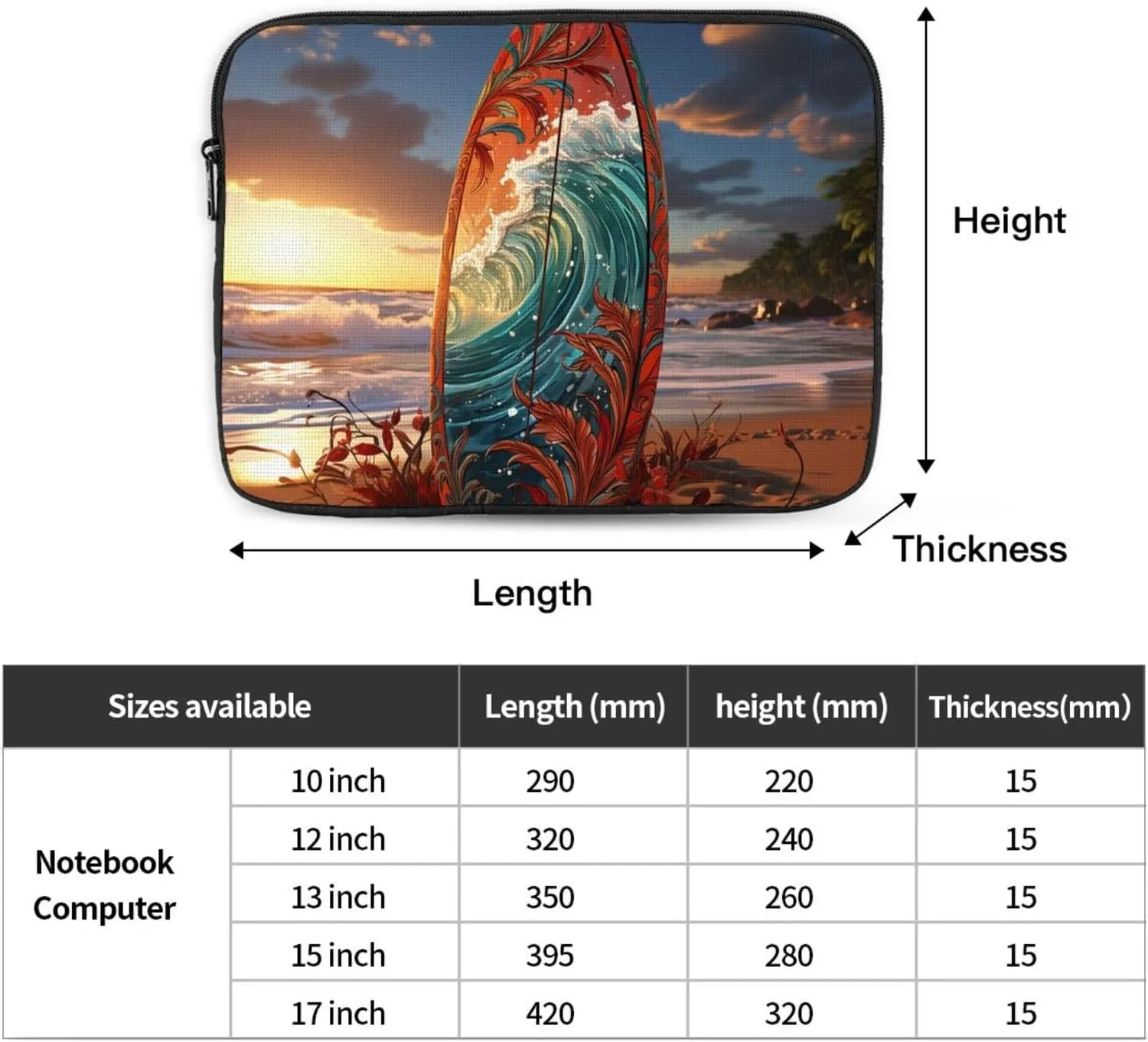 Laptop Sleeve Laptop Case Bag Shockproof Computer Carrying Bag Colorful Surfboard Briefcase Handbags 10 inch