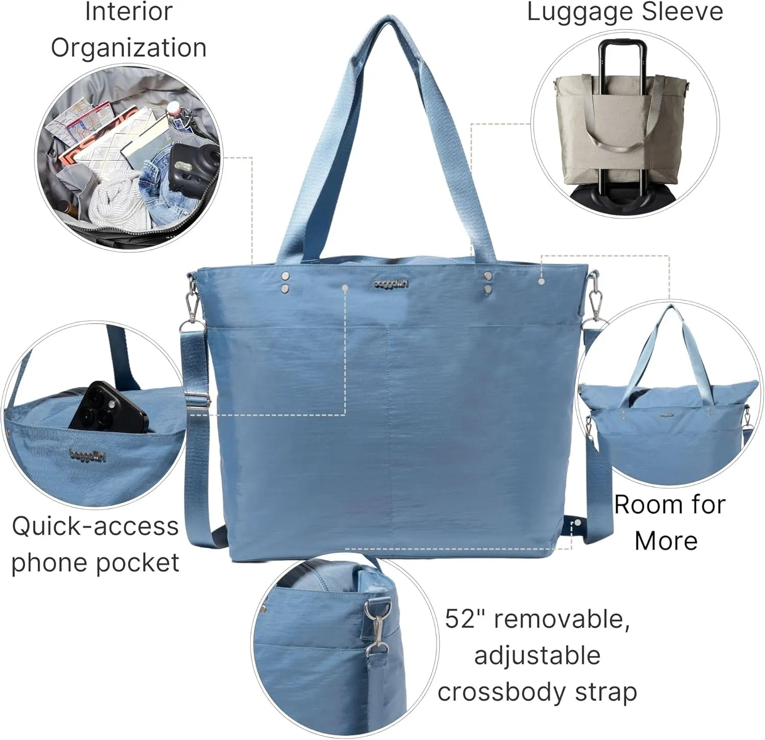 Large Carryall Tote Bag for Women - Lightweight Nylon Zipper Top Weekender Travel Beach Bag Personal Item w/Luggage Sleeve