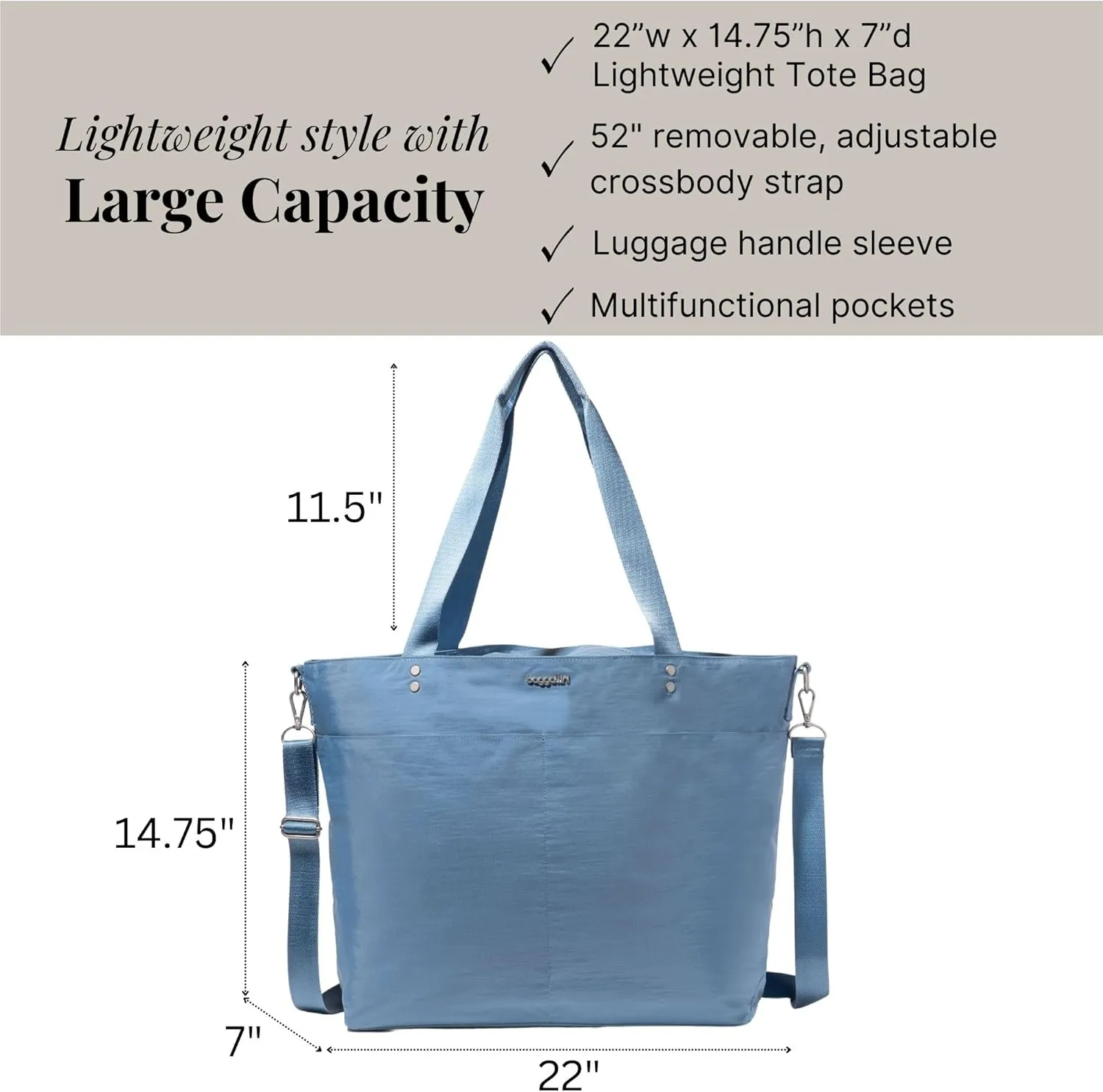 Large Carryall Tote Bag for Women - Lightweight Nylon Zipper Top Weekender Travel Beach Bag Personal Item w/Luggage Sleeve