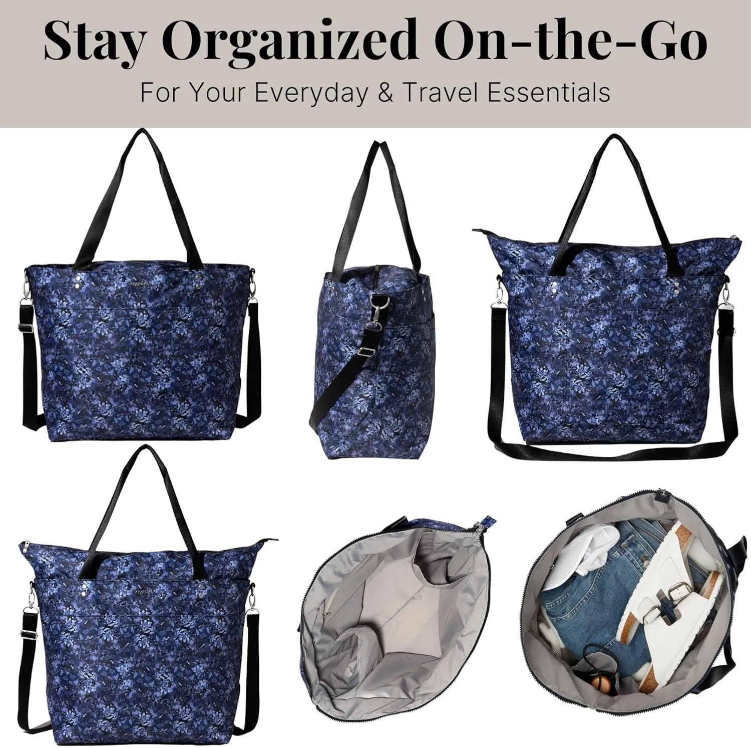 Large Carryall Tote Bag for Women - Lightweight Nylon Zipper Top Weekender Travel Beach Bag Personal Item w/Luggage Sleeve