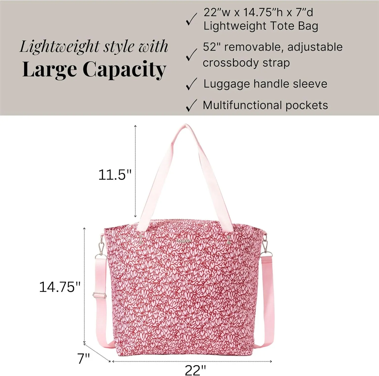 Large Carryall Tote Bag for Women - Lightweight Nylon Zipper Top Weekender Travel Beach Bag Personal Item w/Luggage Sleeve