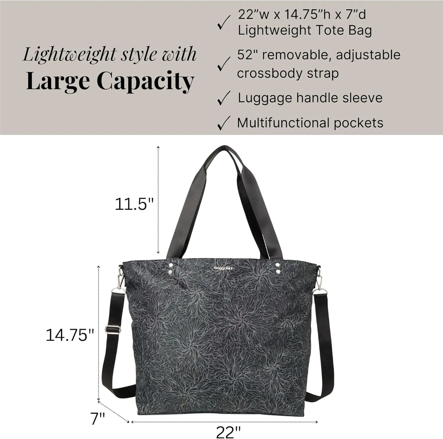 Large Carryall Tote Bag for Women - Lightweight Nylon Zipper Top Weekender Travel Beach Bag Personal Item w/Luggage Sleeve
