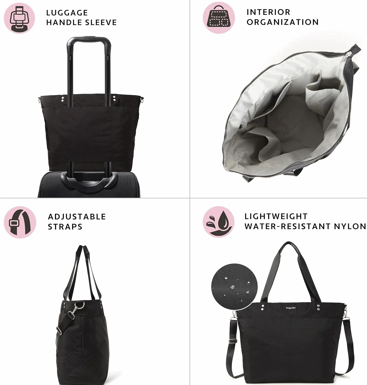 Large Carryall Tote Bag for Women - Lightweight Nylon Zipper Top Weekender Travel Beach Bag Personal Item w/Luggage Sleeve