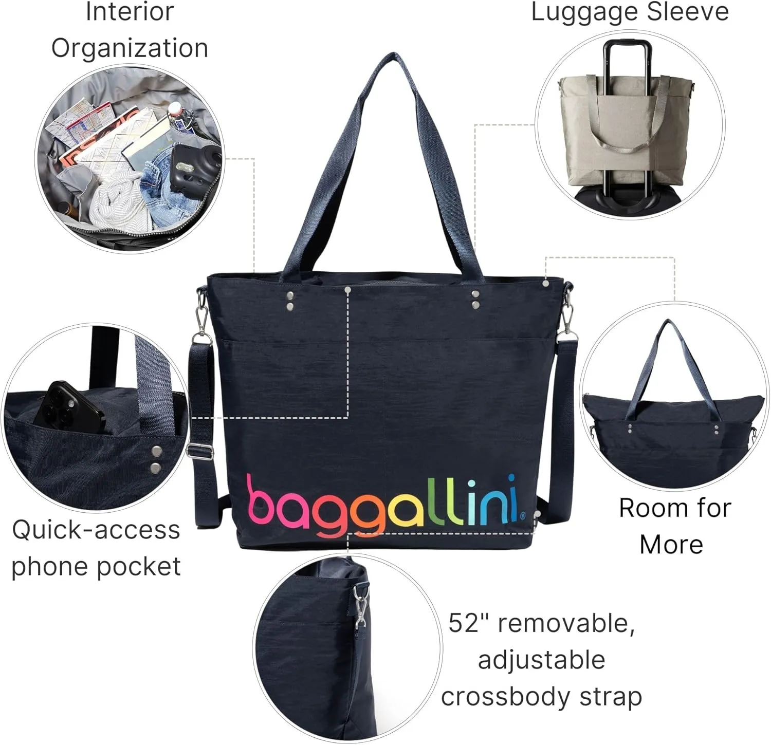 Large Carryall Tote Bag for Women - Lightweight Nylon Zipper Top Weekender Travel Beach Bag Personal Item w/Luggage Sleeve