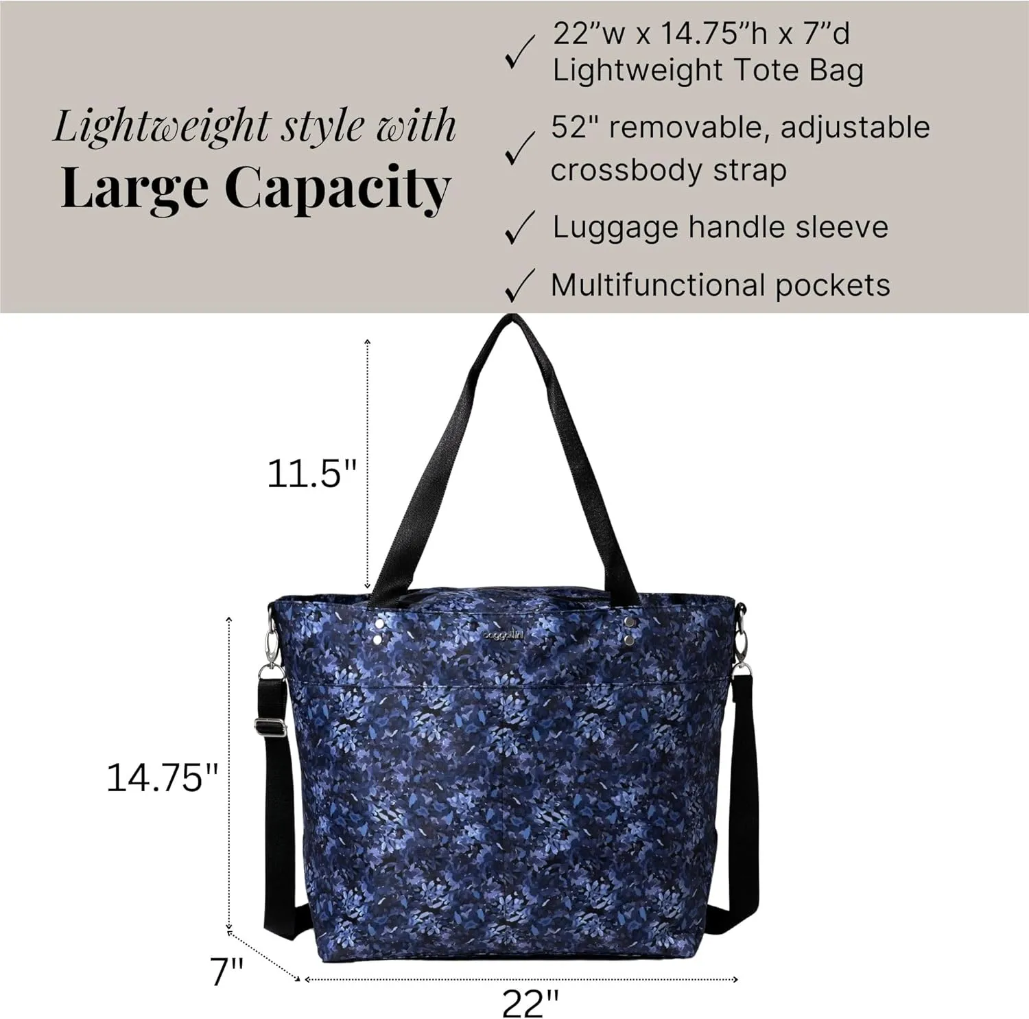 Large Carryall Tote Bag for Women - Lightweight Nylon Zipper Top Weekender Travel Beach Bag Personal Item w/Luggage Sleeve