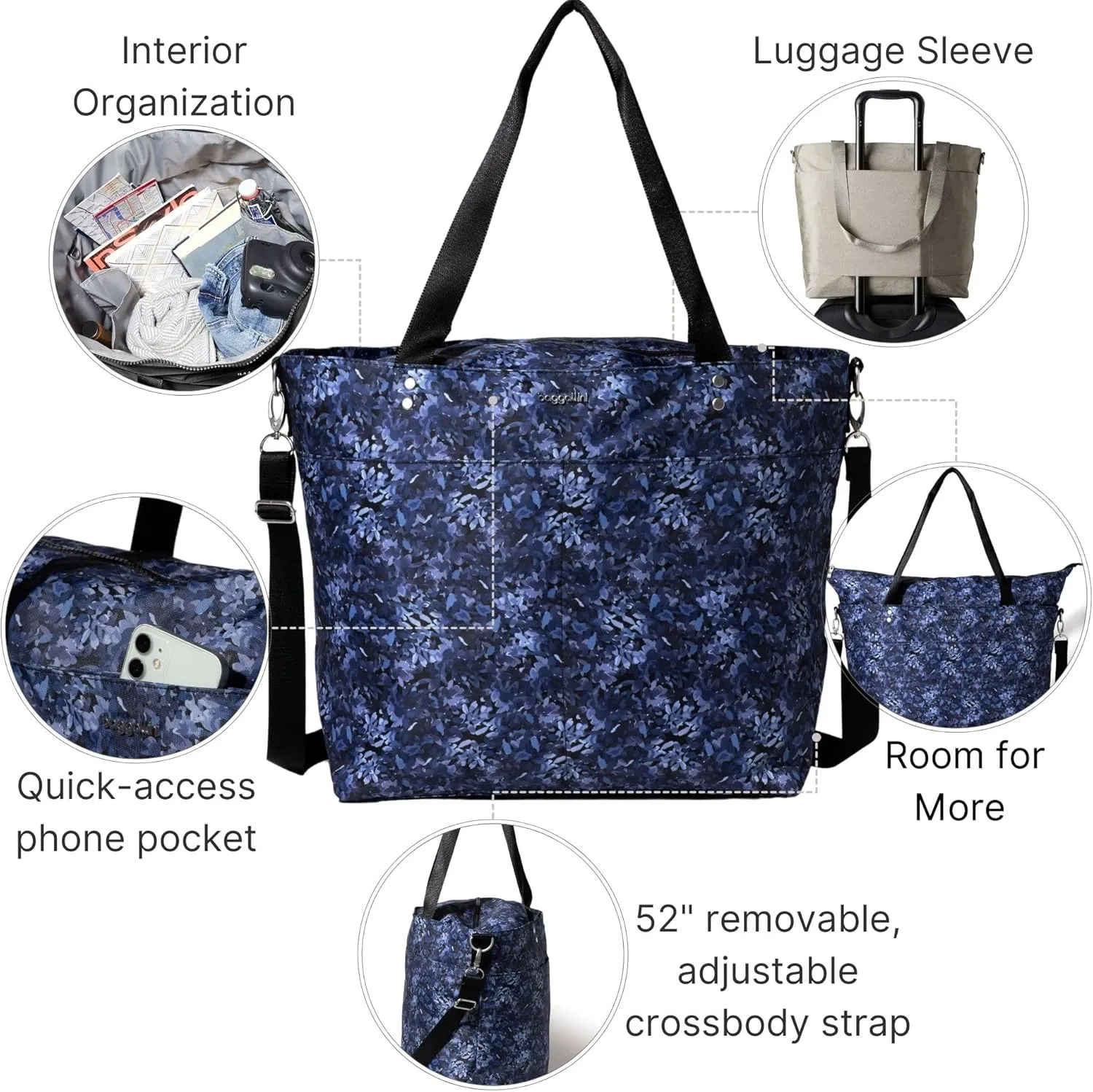 Large Carryall Tote Bag for Women - Lightweight Nylon Zipper Top Weekender Travel Beach Bag Personal Item w/Luggage Sleeve