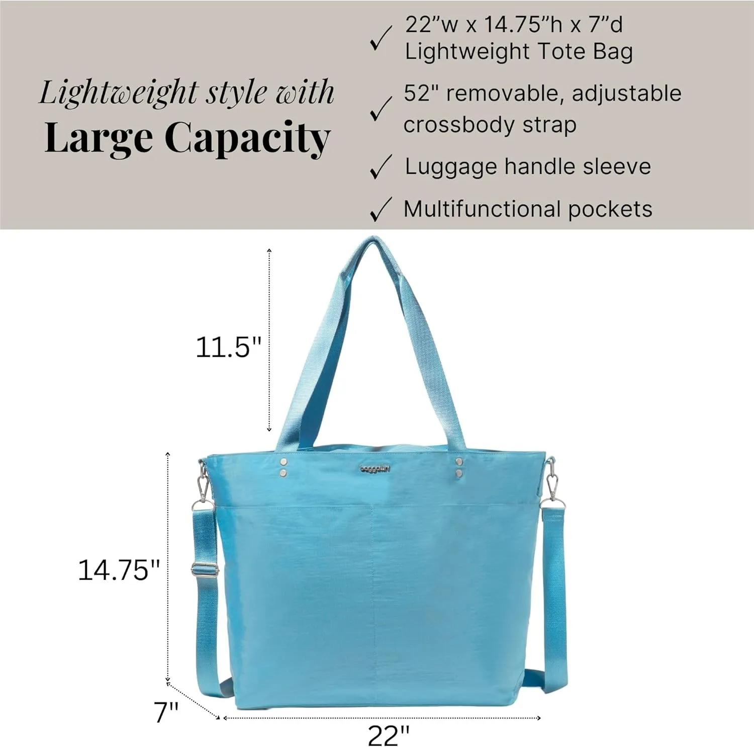 Large Carryall Tote Bag for Women - Lightweight Nylon Zipper Top Weekender Travel Beach Bag Personal Item w/Luggage Sleeve