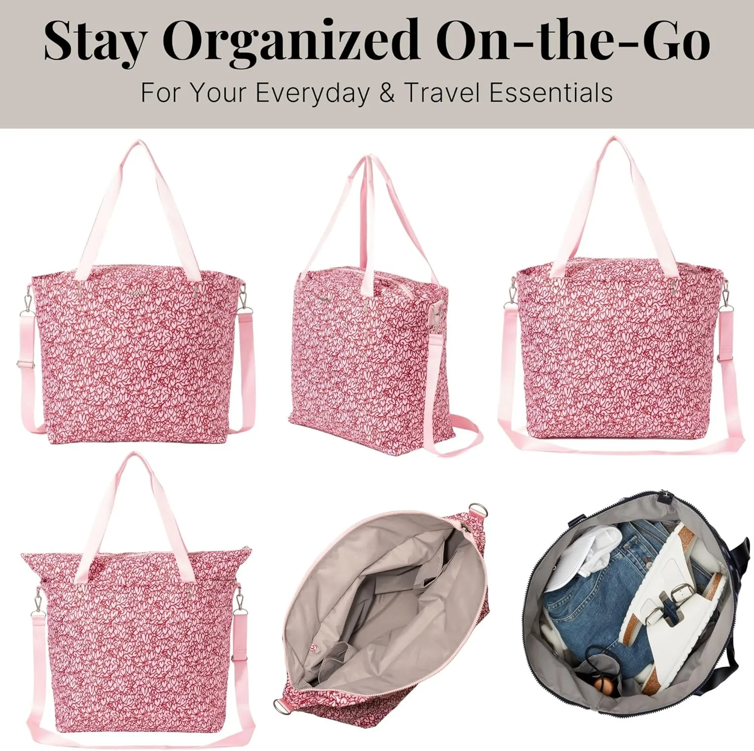 Large Carryall Tote Bag for Women - Lightweight Nylon Zipper Top Weekender Travel Beach Bag Personal Item w/Luggage Sleeve