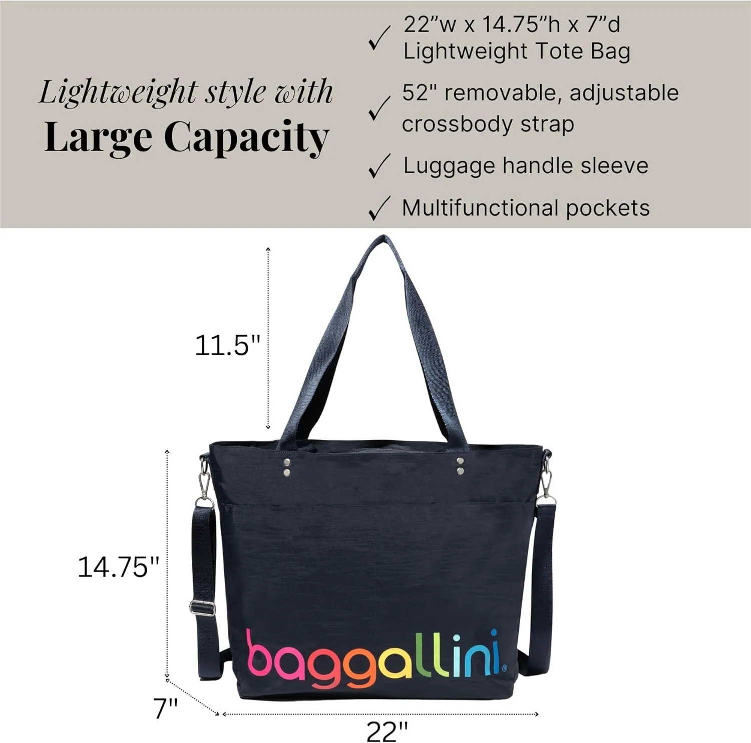 Large Carryall Tote Bag for Women - Lightweight Nylon Zipper Top Weekender Travel Beach Bag Personal Item w/Luggage Sleeve