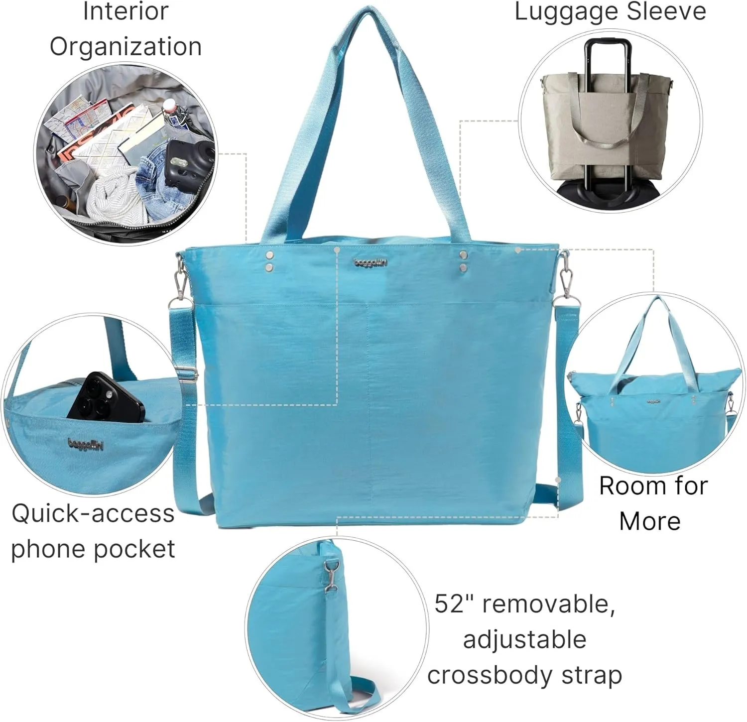 Large Carryall Tote Bag for Women - Lightweight Nylon Zipper Top Weekender Travel Beach Bag Personal Item w/Luggage Sleeve