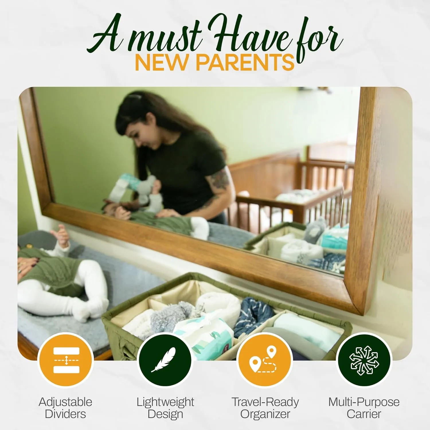 Large Diaper Caddy Organizer with Handle – Baby Basket for Nursery, Car, and Changing Table – Portable Baby Storage with Compartments – Perfect for New Parents and Baby Shower Gifts (Deep Olive Green)