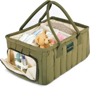 Large Diaper Caddy Organizer with Handle – Baby Basket for Nursery, Car, and Changing Table – Portable Baby Storage with Compartments – Perfect for New Parents and Baby Shower Gifts (Deep Olive Green)
