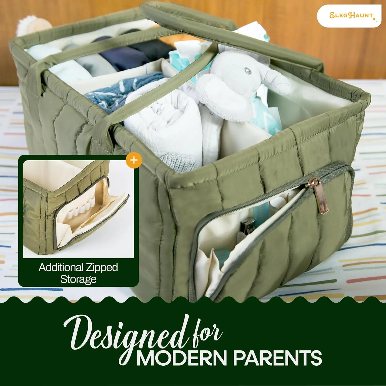 Large Diaper Caddy Organizer with Handle – Baby Basket for Nursery, Car, and Changing Table – Portable Baby Storage with Compartments – Perfect for New Parents and Baby Shower Gifts (Deep Olive Green)