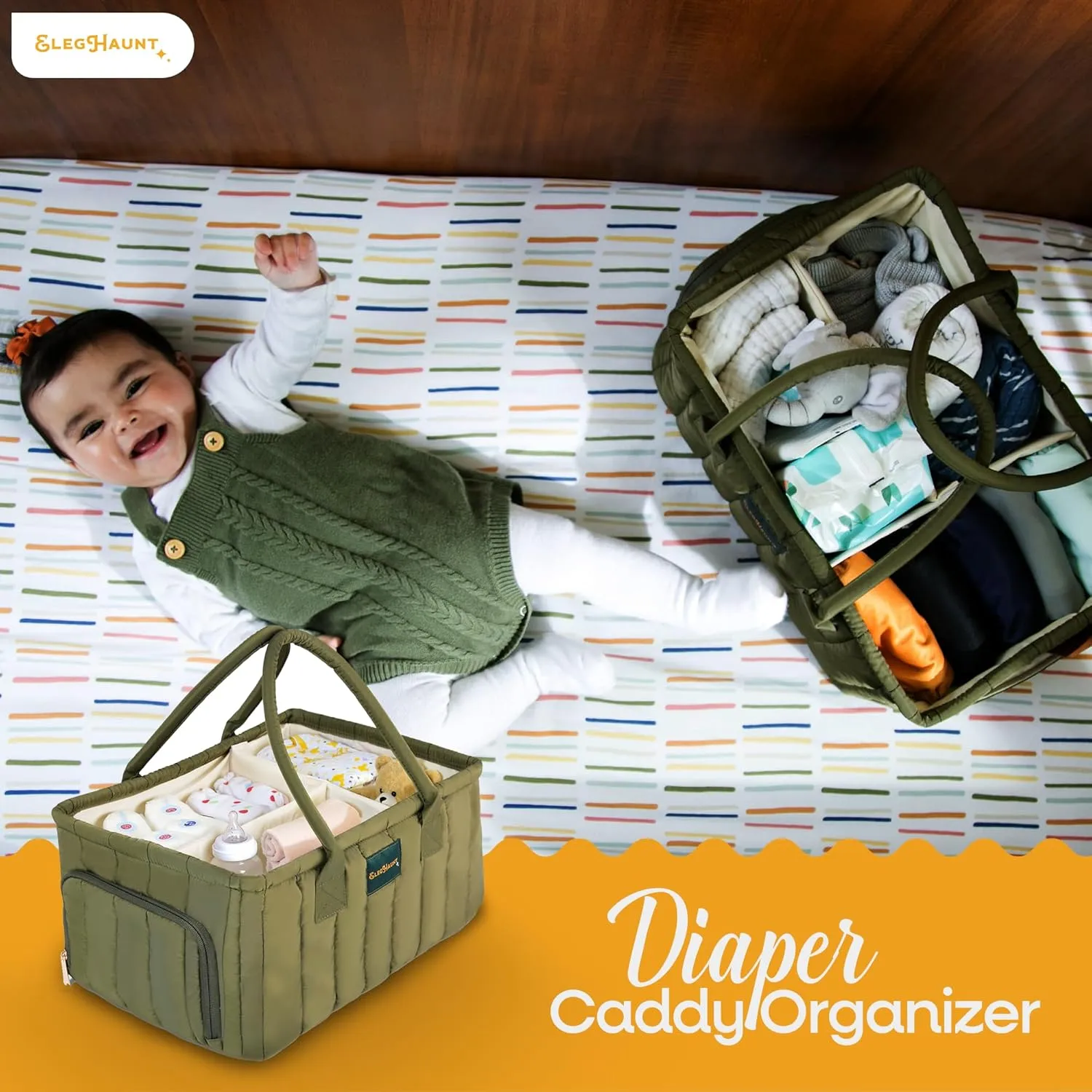 Large Diaper Caddy Organizer with Handle – Baby Basket for Nursery, Car, and Changing Table – Portable Baby Storage with Compartments – Perfect for New Parents and Baby Shower Gifts (Deep Olive Green)