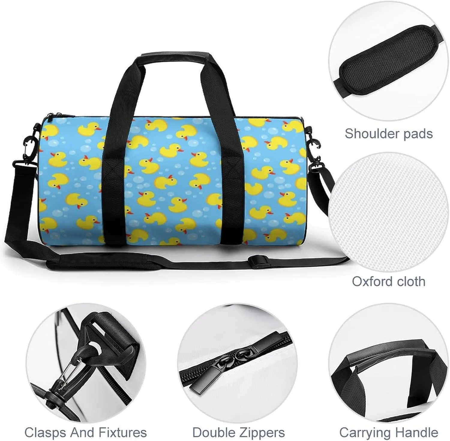 Large Duffel Backpack for Men Women, Waterproof Gym Sports Bag Cute Funny Blue Bubbles Yellow Rubber Ducks Weekender Overnight Bag for Travel Yoga