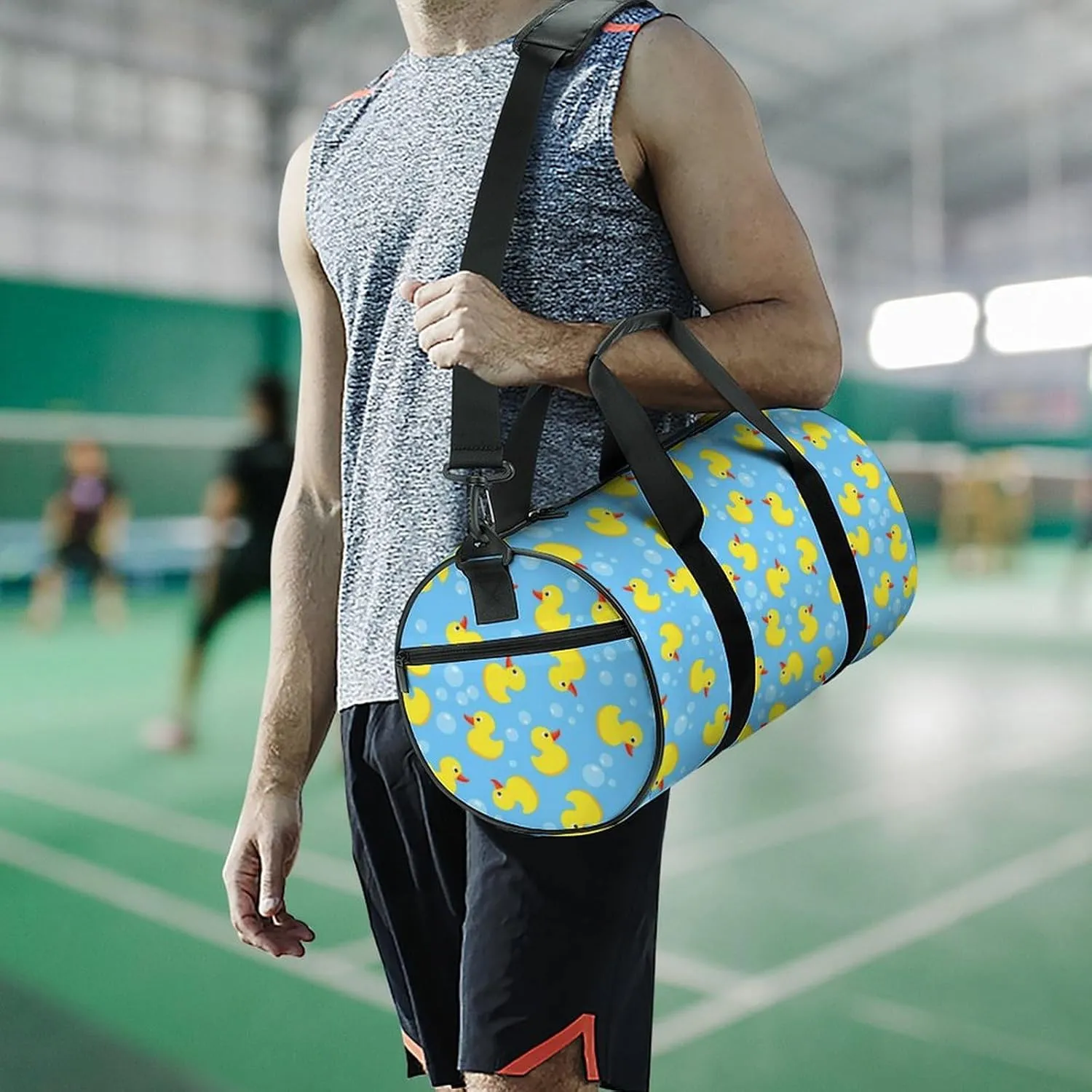 Large Duffel Backpack for Men Women, Waterproof Gym Sports Bag Cute Funny Blue Bubbles Yellow Rubber Ducks Weekender Overnight Bag for Travel Yoga