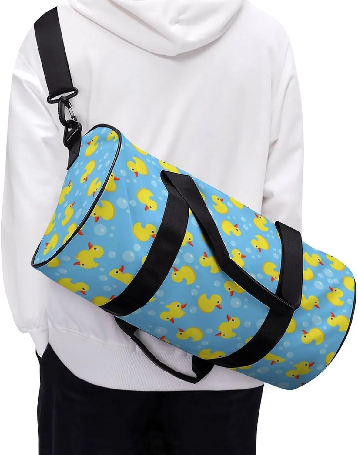 Large Duffel Backpack for Men Women, Waterproof Gym Sports Bag Cute Funny Blue Bubbles Yellow Rubber Ducks Weekender Overnight Bag for Travel Yoga