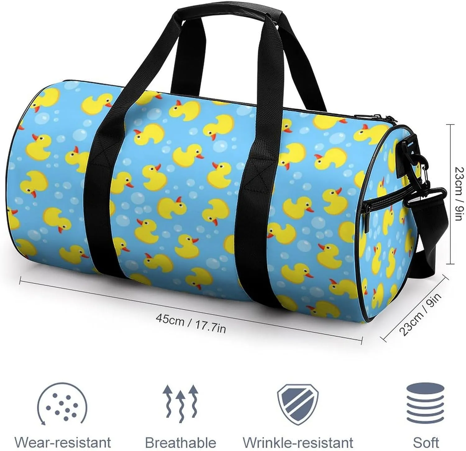 Large Duffel Backpack for Men Women, Waterproof Gym Sports Bag Cute Funny Blue Bubbles Yellow Rubber Ducks Weekender Overnight Bag for Travel Yoga