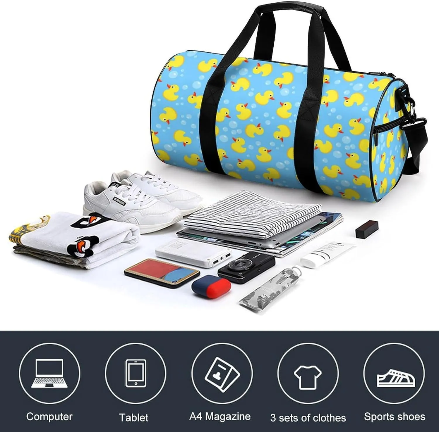 Large Duffel Backpack for Men Women, Waterproof Gym Sports Bag Cute Funny Blue Bubbles Yellow Rubber Ducks Weekender Overnight Bag for Travel Yoga