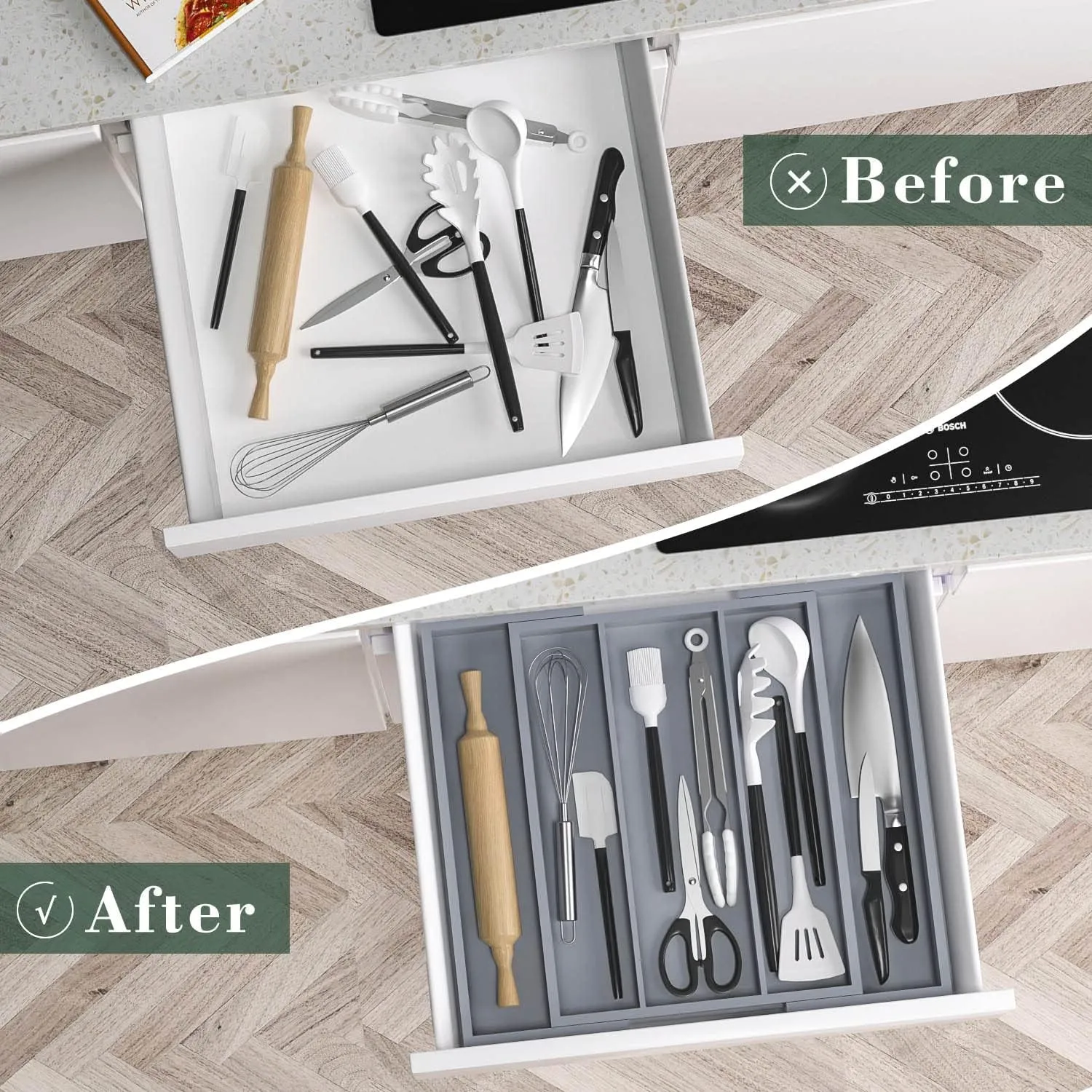 Large Kitchen Utensil Drawer Organizer - Expandable 5 Slots Cooking Utensil Organizer Multipurpose Silverware Organizer for Storage Repair Tools, Painting Tools W13.7"-19.9" x L17.6" X H2.5" (Grey)