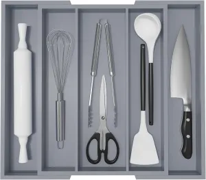 Large Kitchen Utensil Drawer Organizer - Expandable 5 Slots Cooking Utensil Organizer Multipurpose Silverware Organizer for Storage Repair Tools, Painting Tools W13.7"-19.9" x L17.6" X H2.5" (Grey)