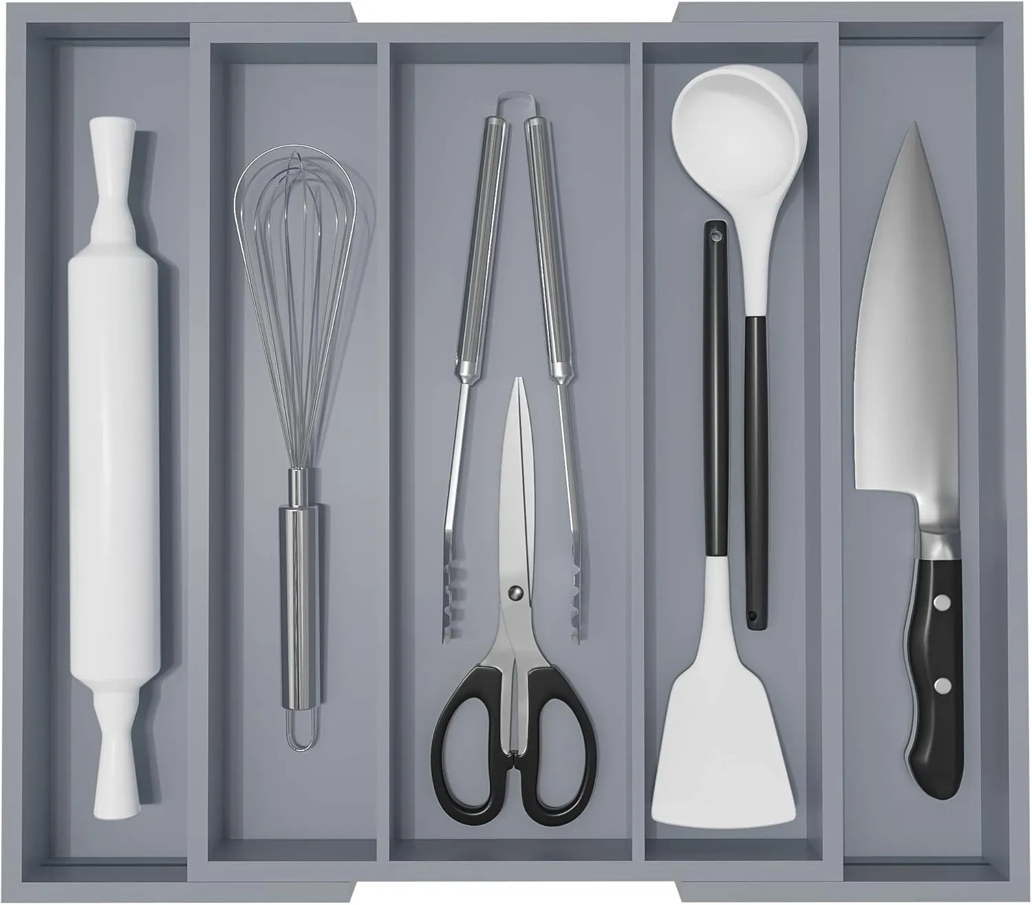 Large Kitchen Utensil Drawer Organizer - Expandable 5 Slots Cooking Utensil Organizer Multipurpose Silverware Organizer for Storage Repair Tools, Painting Tools W13.7"-19.9" x L17.6" X H2.5" (Grey)