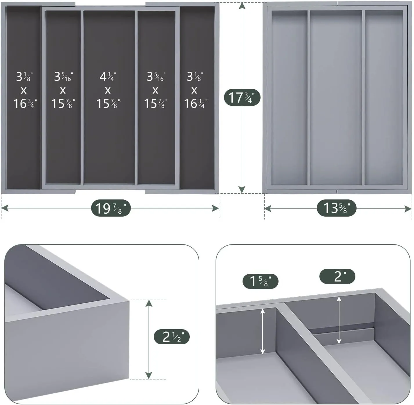 Large Kitchen Utensil Drawer Organizer - Expandable 5 Slots Cooking Utensil Organizer Multipurpose Silverware Organizer for Storage Repair Tools, Painting Tools W13.7"-19.9" x L17.6" X H2.5" (Grey)