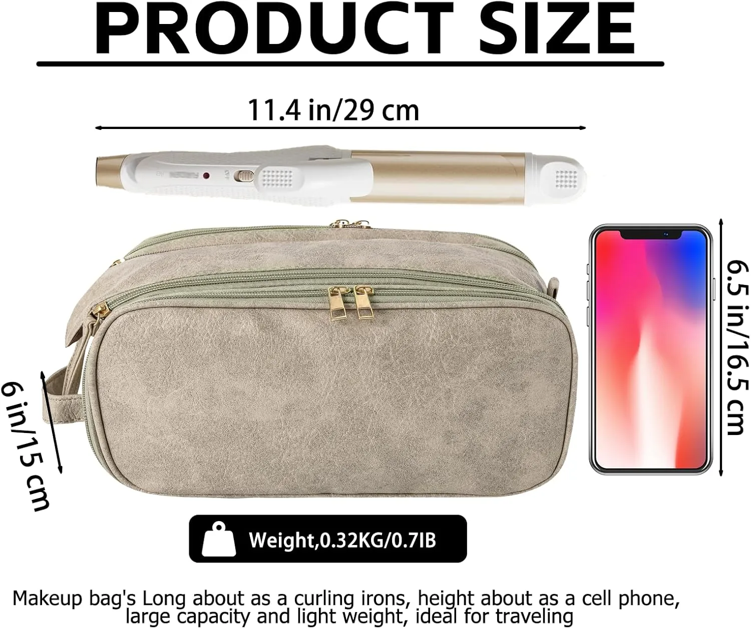 Large Makeup Bag 11.4X6.5X6 inch big Travel Cosmetic bag for Women, Portable Waterproof Toiletry Bag with 8 Compartments and Makeup Brush Storage Pocket, for Traveling and Camping (Light Brown)