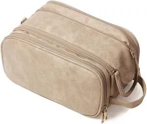 Large Makeup Bag 11.4X6.5X6 inch big Travel Cosmetic bag for Women, Portable Waterproof Toiletry Bag with 8 Compartments and Makeup Brush Storage Pocket, for Traveling and Camping (Light Brown)