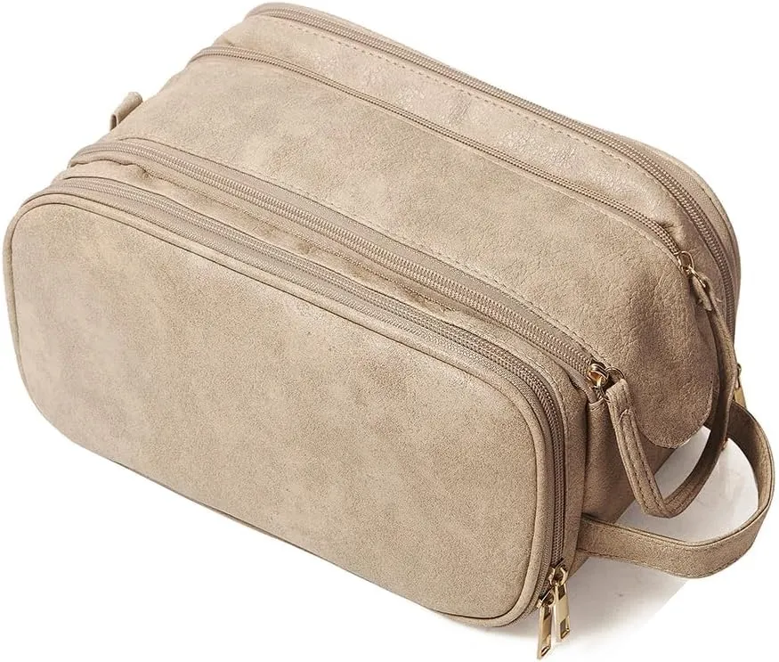 Large Makeup Bag 11.4X6.5X6 inch big Travel Cosmetic bag for Women, Portable Waterproof Toiletry Bag with 8 Compartments and Makeup Brush Storage Pocket, for Traveling and Camping (Light Brown)